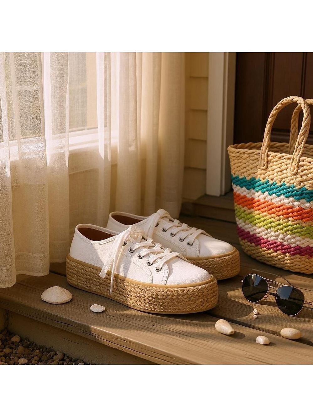 Woman WHITE Beige Canvas Lace Up Espadrille Platform Sneakers Shoes 10 M